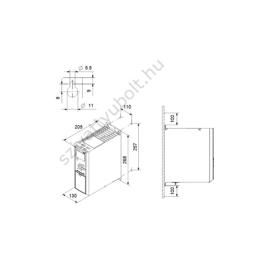 Grundfos CUE 3x380-500V IP20 7.5kW 16A/14.5A körvonalrajz