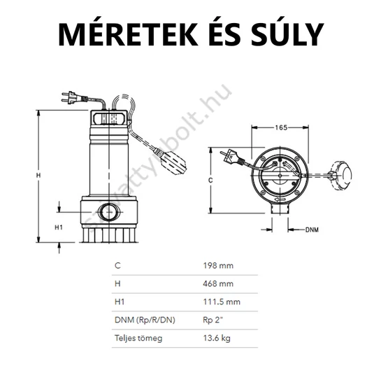 Lowara DOMO 10VX/B szennyvíz szivattyú méretei és súlya