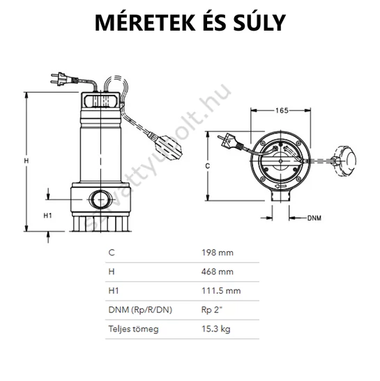 Lowara DOMO 15VX búvárszivattyú méretek és súly