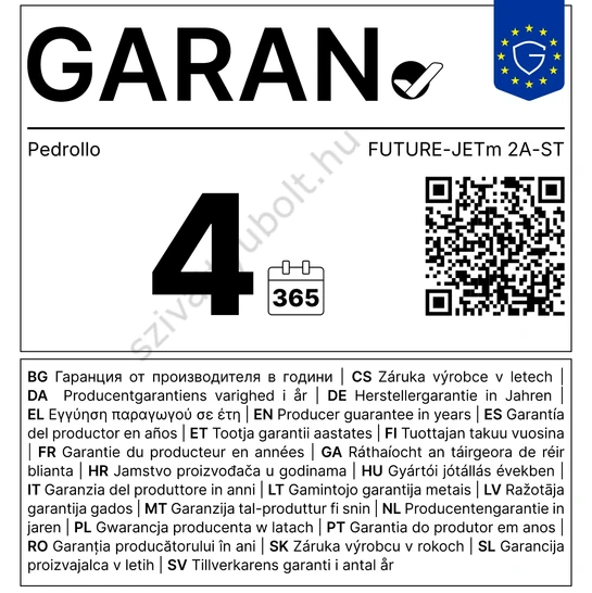 Pedrollo FUTURE-JET ST Garan címke