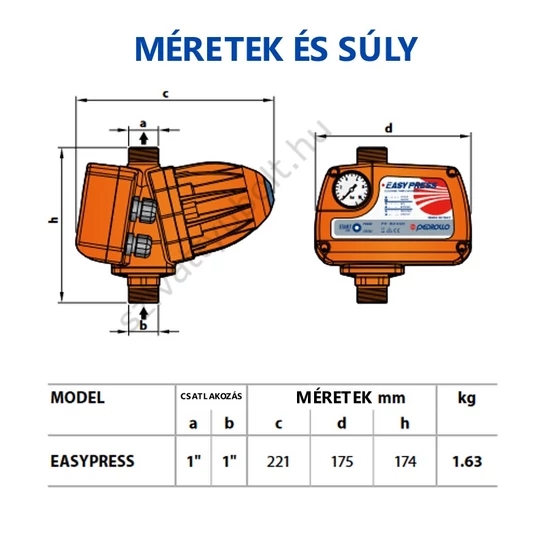 Pedrollo Easypress II méretei