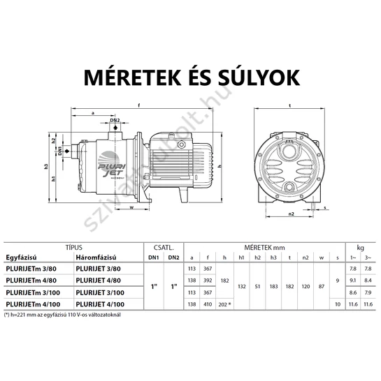 Pedrollo Plurijet 80-100 méretek és súlyok